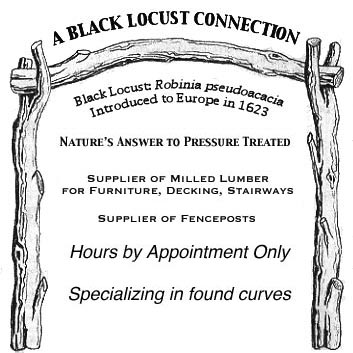 Image: an arbor drawn in black and white frames the following words: A Black Locust Connection — Black Locust: Robinia pseudoacacia, Intorduced to Europe in 1623 — Nature's answer to pressure treated — supplier of milled lumber for furniture, decking, stairways — supplier of fenceposts, split rails — builder of custom arbors, pergolas and trellises — always buying standing or felled trees — Call Blue Sky — 413-624-3645 — "The Branch Manager" — Paul Smith's Forestry Graduate 1971